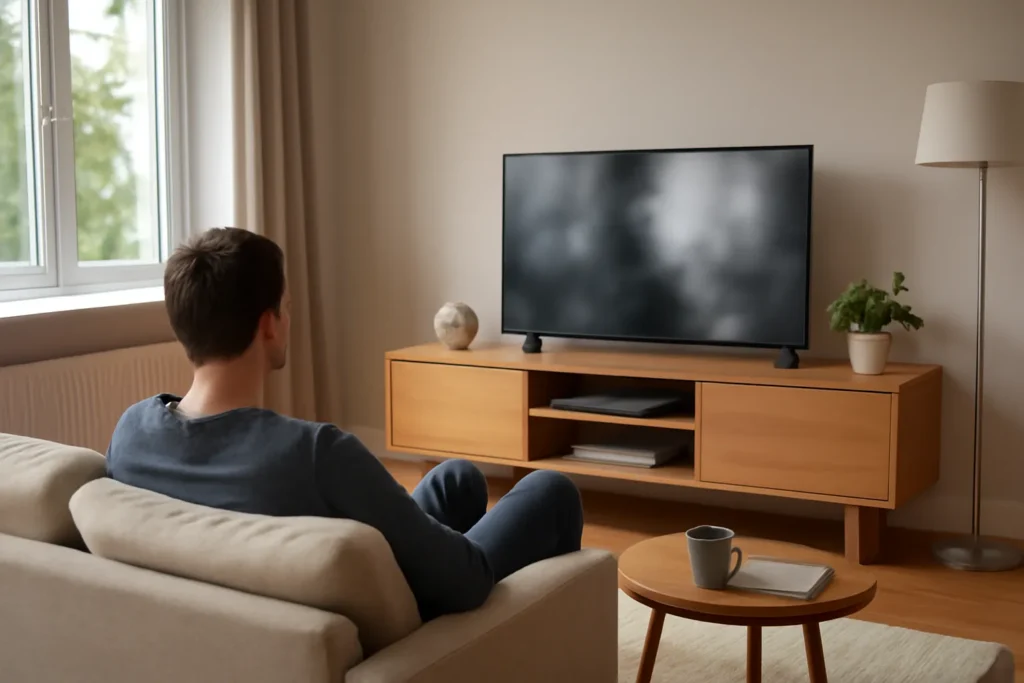 Person watching TV in a modern European living room