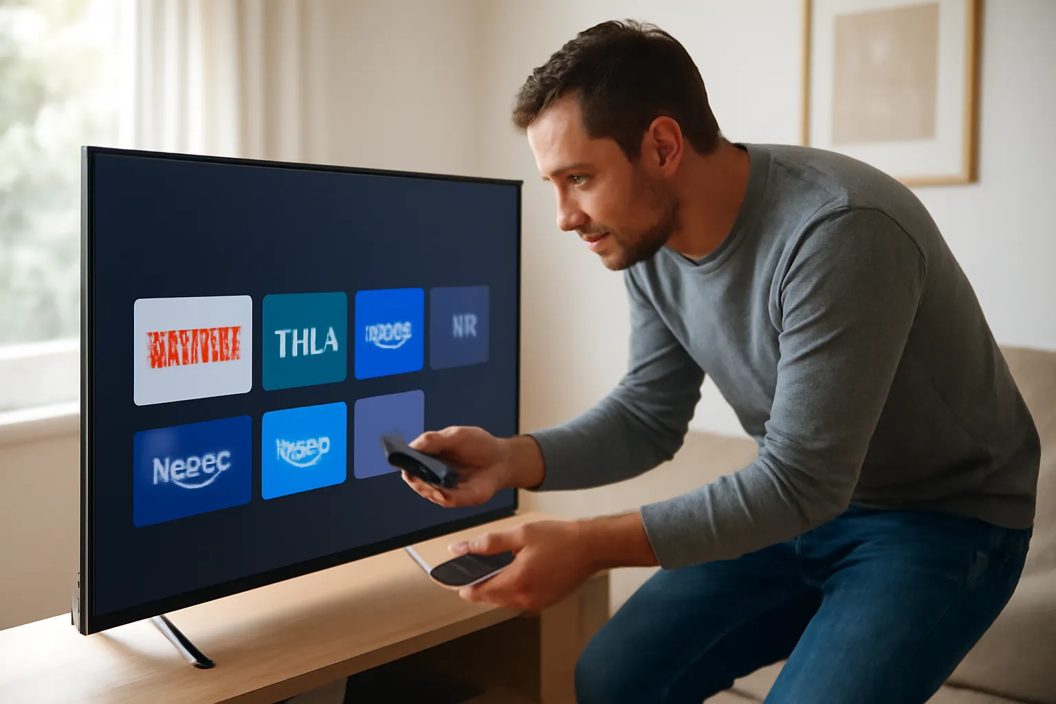 Person setting up IPTV on a smart TV