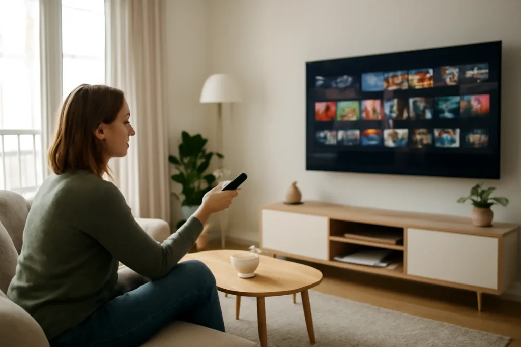 Person using a Fire TV Stick remote in a modern living room