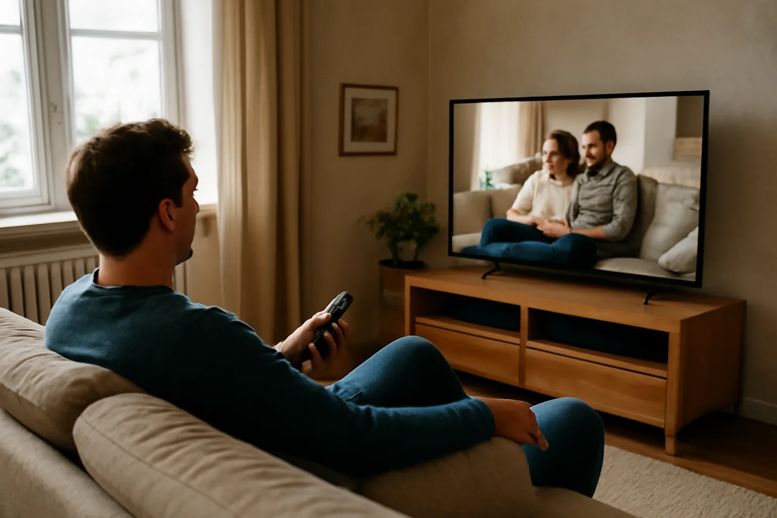 Person watching IPTV on a smart TV in a cozy home