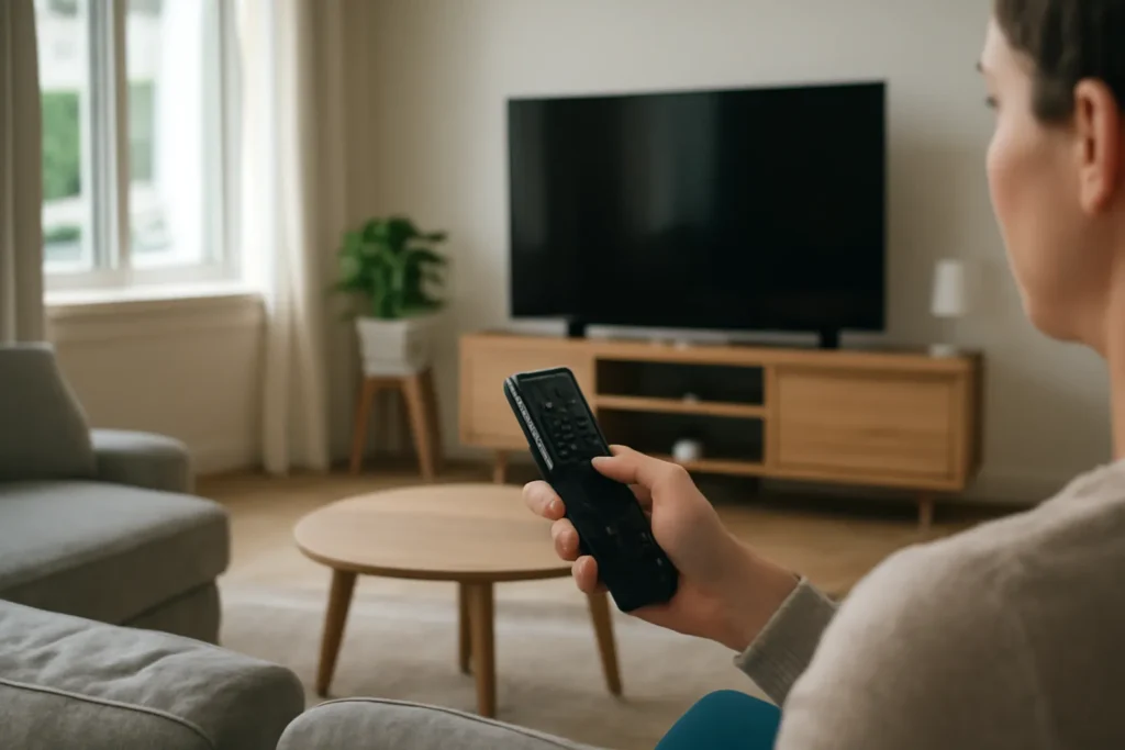 Person adjusting smart TV settings in a modern living room