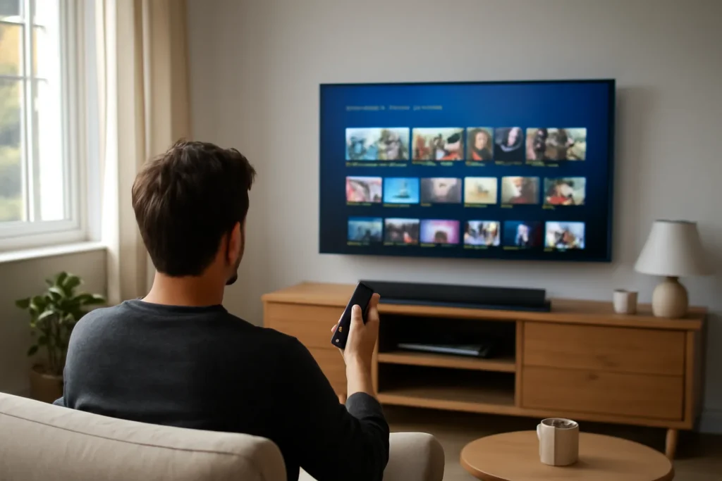 Person using Fire TV Stick to stream IPTV in a European living room