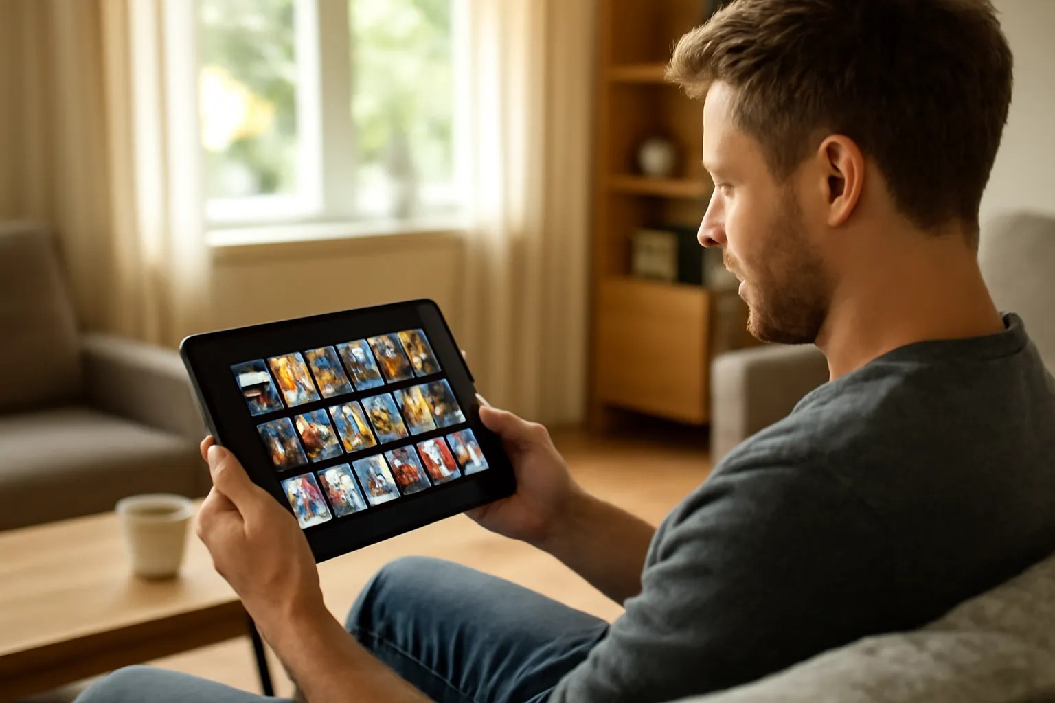 User browsing IPTV channels on a tablet at home