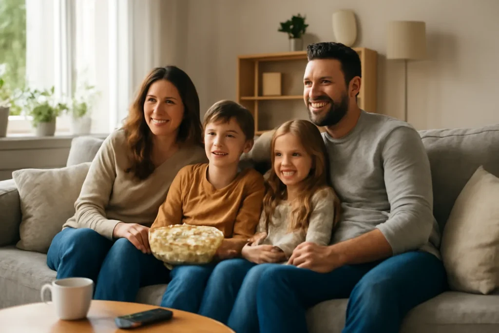 Family enjoying movie night in a living room