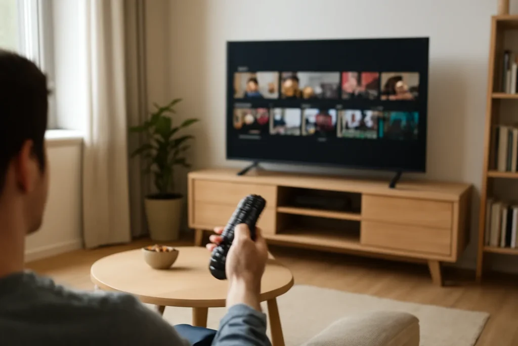 Person streaming IPTV on a smart TV in a modern living room